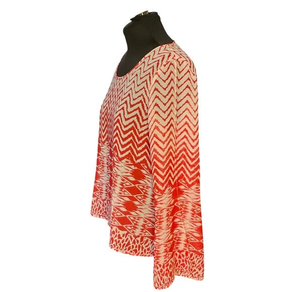 Umgee Red and White Geometric Print Sheer Bell Sleeve Blouse Size L - Picture 4 of 9